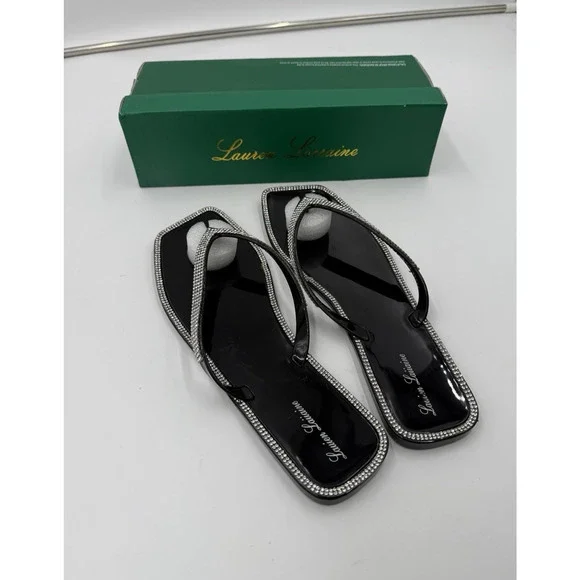 Lauren Lorraine Jellys Thong Sandal Square Toe Size 9.5 Rhinestones Tampa Black - Picture 6 of 9